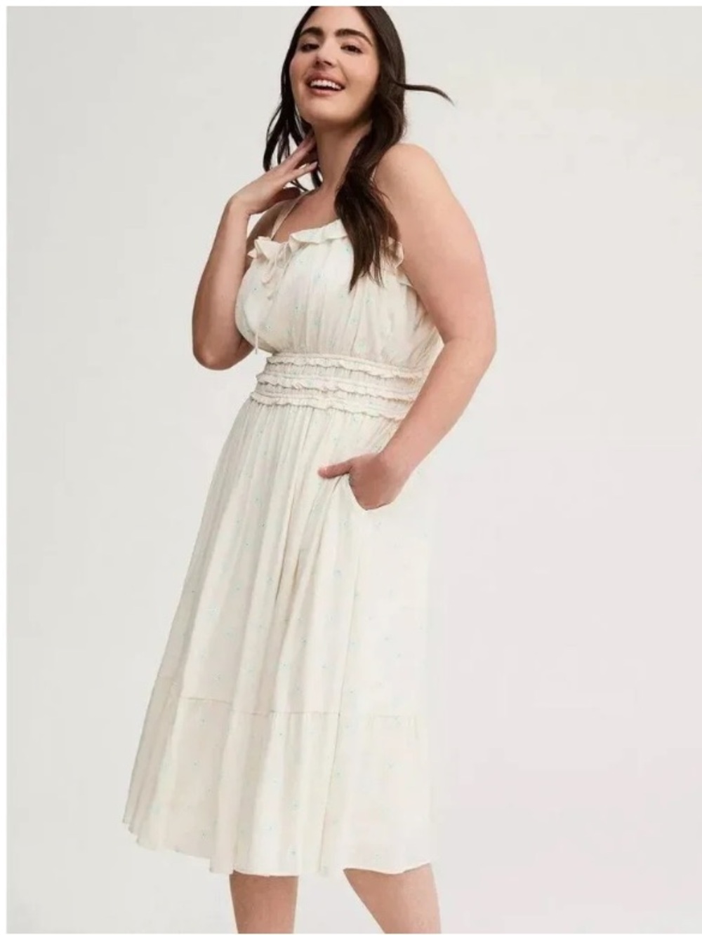Torrid Shirred Bodice Midi Dress Crinkle Gauze Mini Daisy Cream Blue Size 1X